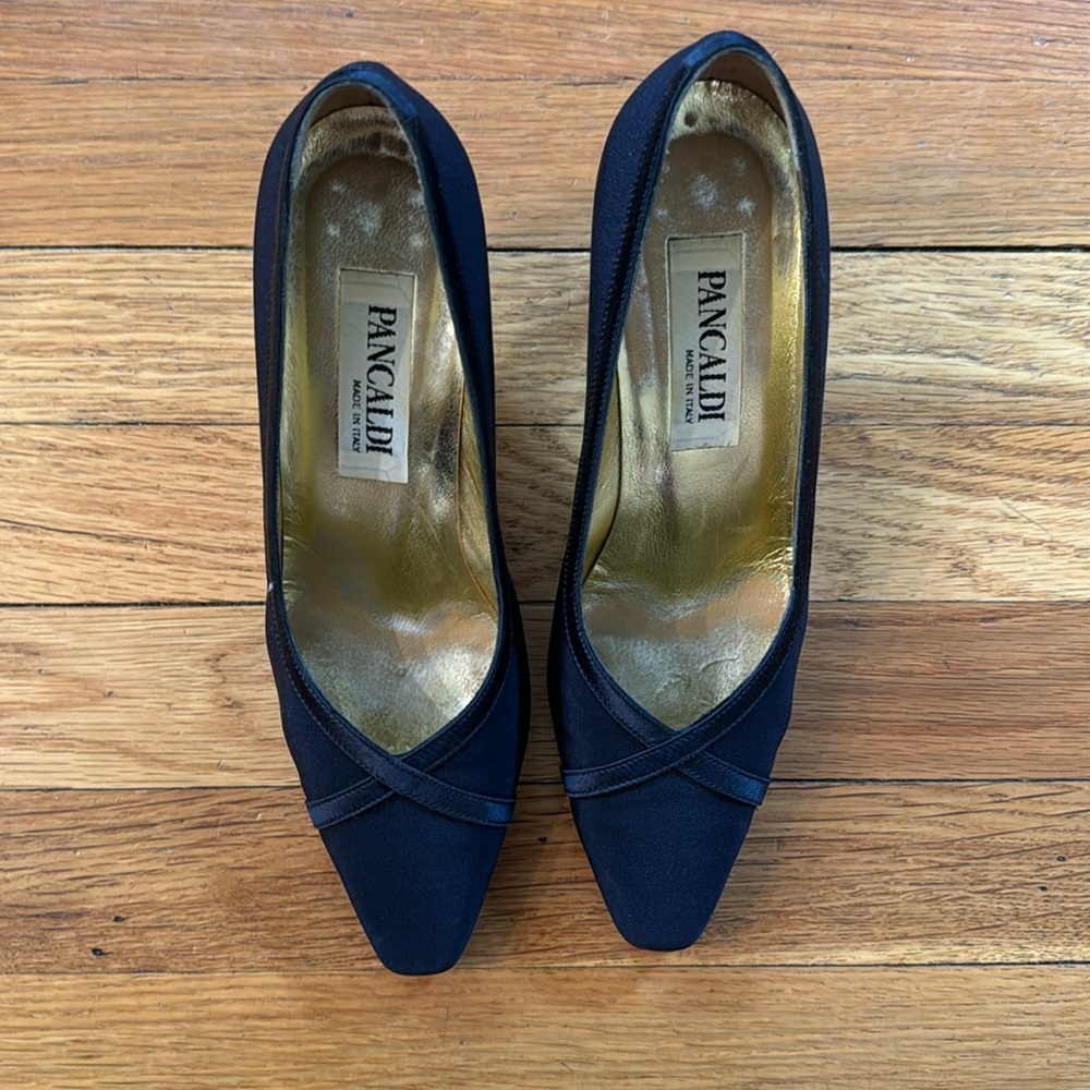 Pancaldi Navy Blue satin 2.5” heel shoes in excellent condition.